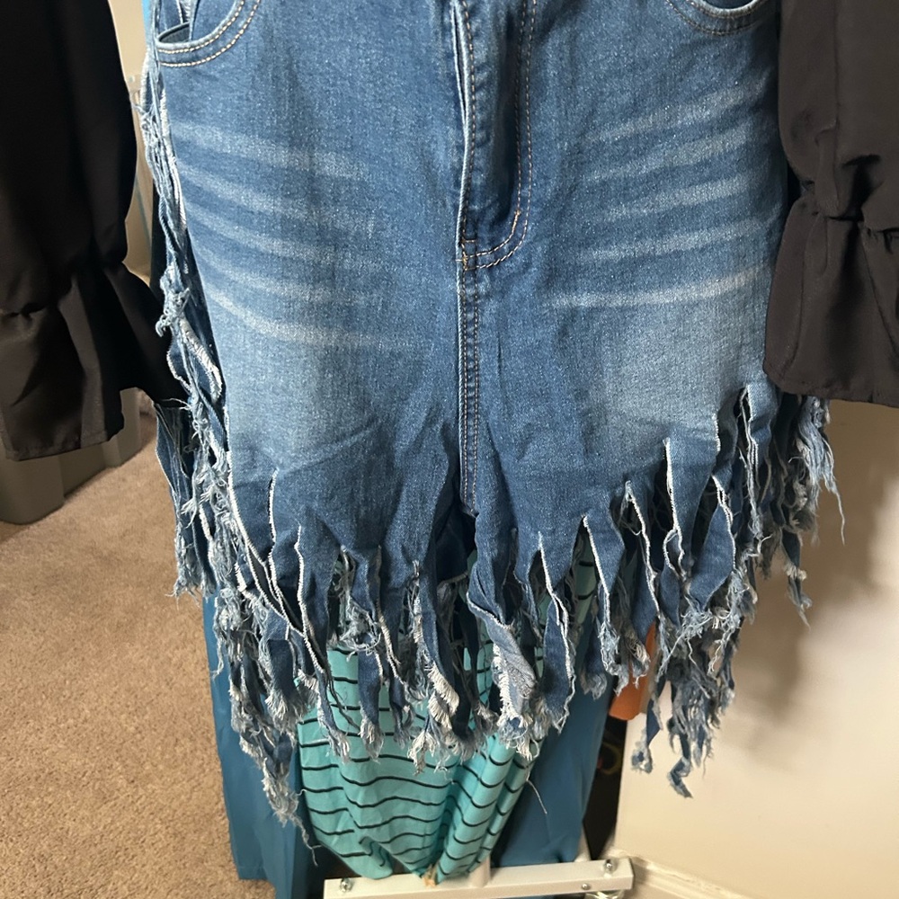 Fringed Distressed Denim Shorts - Blue